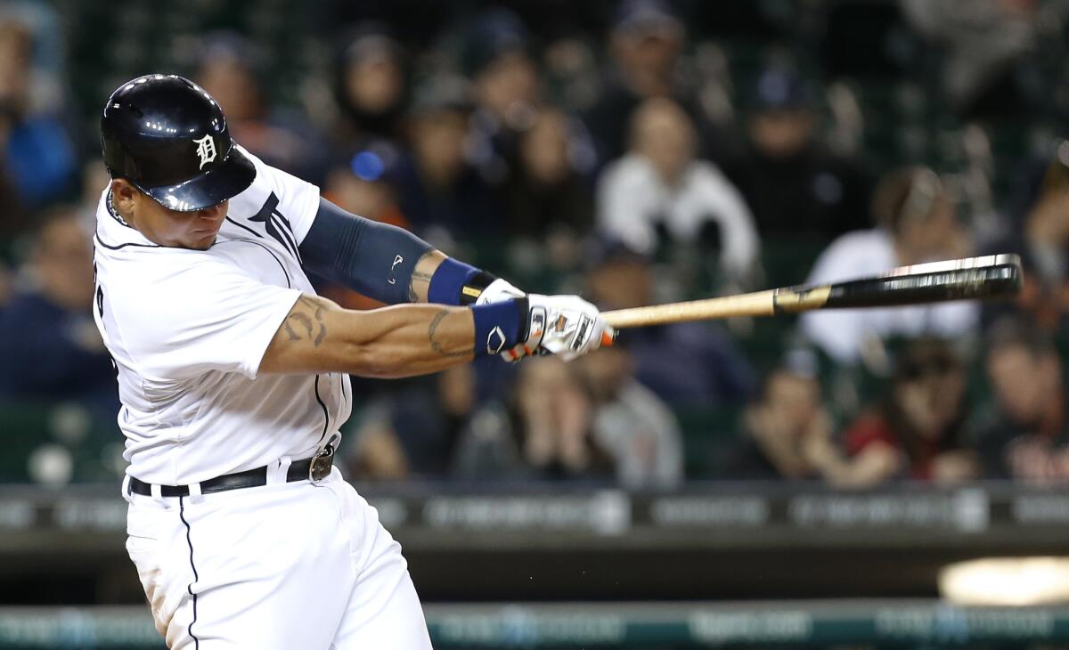Detroit's Miguel Cabrera hits a two-run double against the Houston Astros on May 6.