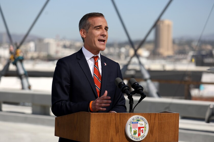 L.A. Mayor Eric Garcetti delivers the State of the City address from the under-construction Sixth Street Viaduct on April 14.