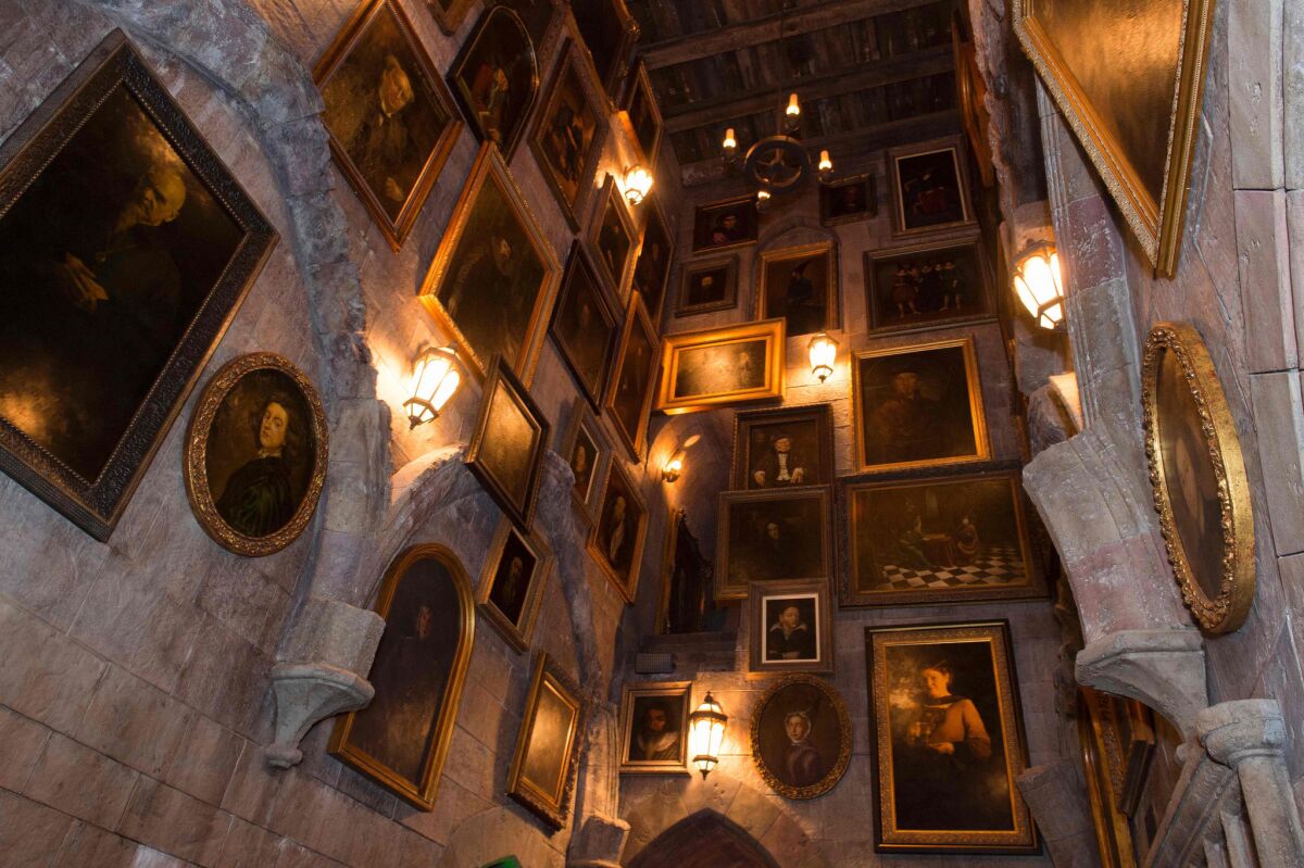Portraits line the walls inside the 200-foot-tall Hogwarts Castle at Universal Studios Hollywood's Wizarding World of Harry Potter.
