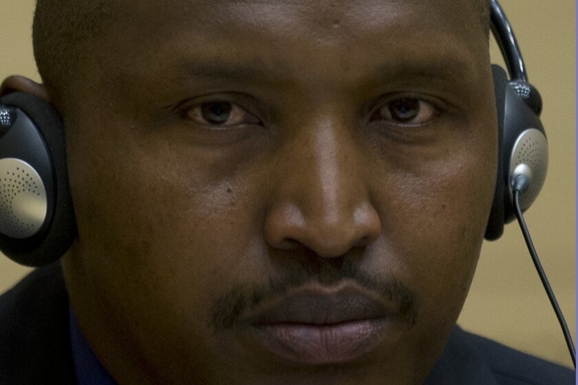 Rwandan-born warlord Bosco Ntaganda is seen during his first appearance before judges of the International Criminal Court in The Hague. Ntaganda surrendered last week to face charges including murder, rape and using child soldiers in eastern Congo.