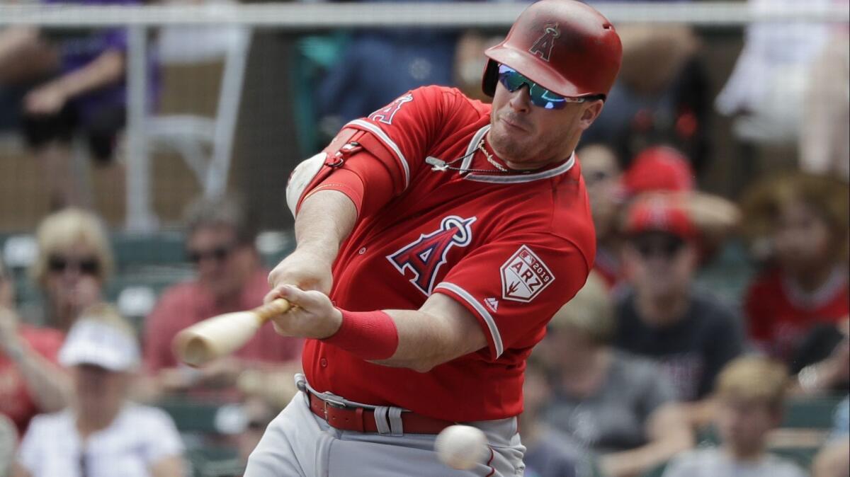 The Angels' Justin Bour, shown during Thursday's game, hit a two-run homer Saturday.