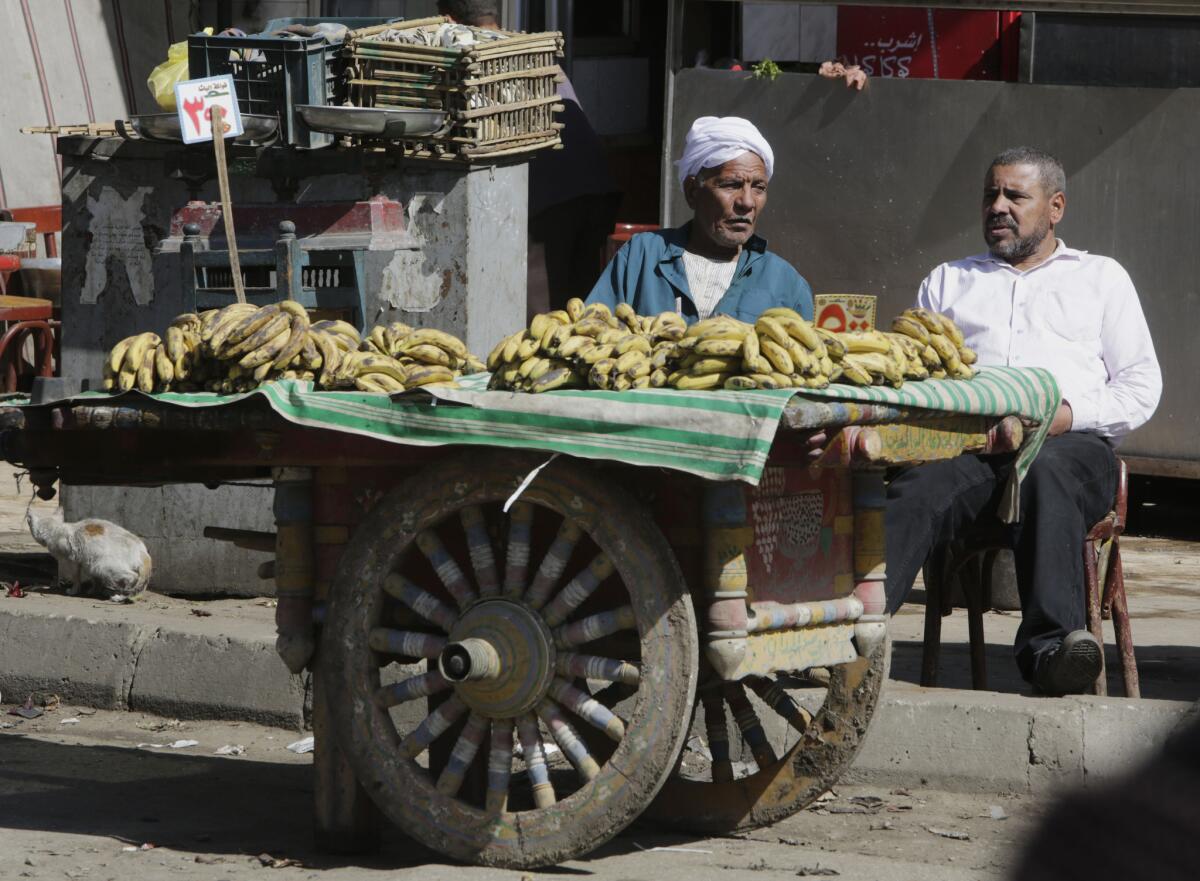 An Egyptian vendor waits for customers as he sells bananas on a wheel cart at a market in Cairo on Friday. During the day, Egypt hosted an international conference seeking billions of dollars in investment to fix an economy deeply damaged by four years of turmoil.