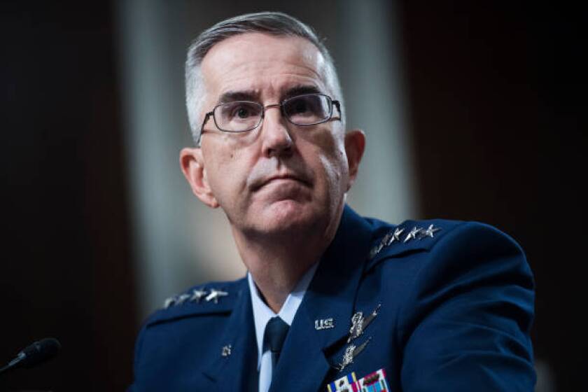 UNITED STATES - JULY 30: Air Force Gen. John E. Hyten, is seen during his Senate Armed Services Committee confirmation hearing to be vice chairman of the Joint Chiefs of Staff, in Dirksen Building on Tuesday, July 30, 2019. Army Col. Kathryn Spletstoser, who has accused Hyten of sexual assault, attended the hearing. (Photo By Tom Williams/CQ Roll Call)
