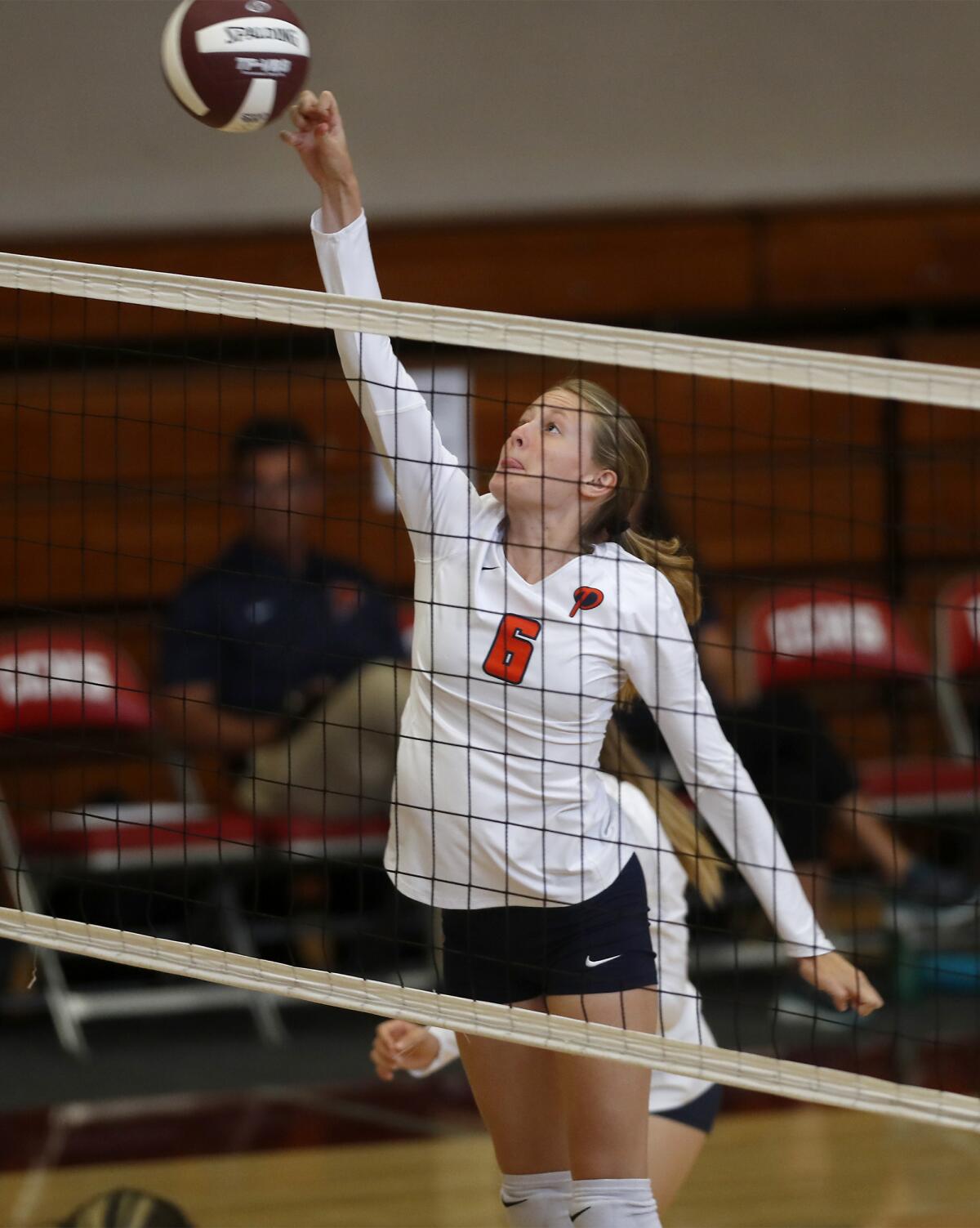 Pacifica Christian Orange County's Casie Carlson hits at Downey Calvary Chapel in the first set of a nonleague match on Tuesday.