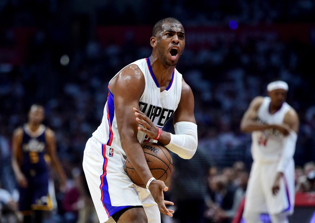LOS ANGELES, CA - APRIL 18: Chris Paul #3 of the LA Clippers argues his foul call during the first half against the Utah Jazz in Game Two of the Western Conference Quarterfinals during the 2017 NBA Playoffs at Staples Center on April 18, 2017 in Los Angeles, California. NOTE TO USER: User expressly acknowledges and agrees that, by downloading and or using this photograph, User is consenting to the terms and conditions of the Getty Images License Agreement. (Photo by Harry How/Getty Images) ** OUTS - ELSENT, FPG, CM - OUTS * NM, PH, VA if sourced by CT, LA or MoD **