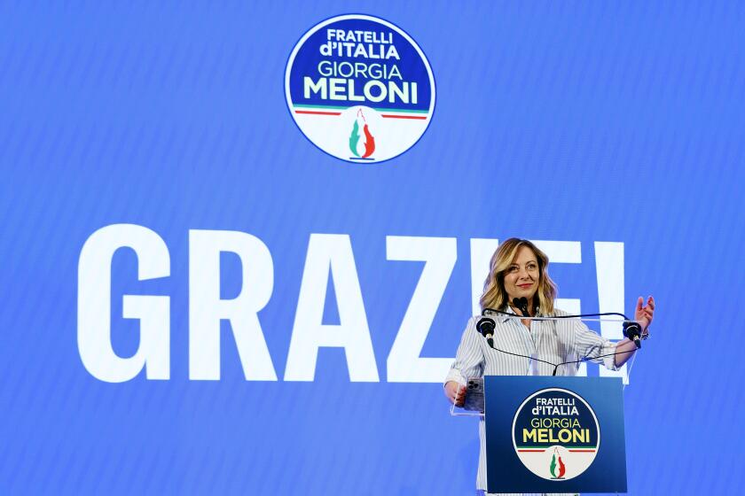Italian Prime Minister Giorgia Meloni speaks about the results of the European Parliamentary elections at a press conference at the Fratelli d'Italia party electoral committee in Rome, Monday, June 10, 2024. (Roberto Monaldo/LaPresse via AP)