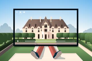 Illustration of a mansion on a tv with the legs of a person sticking out from under the tv. Lush grounds surround.