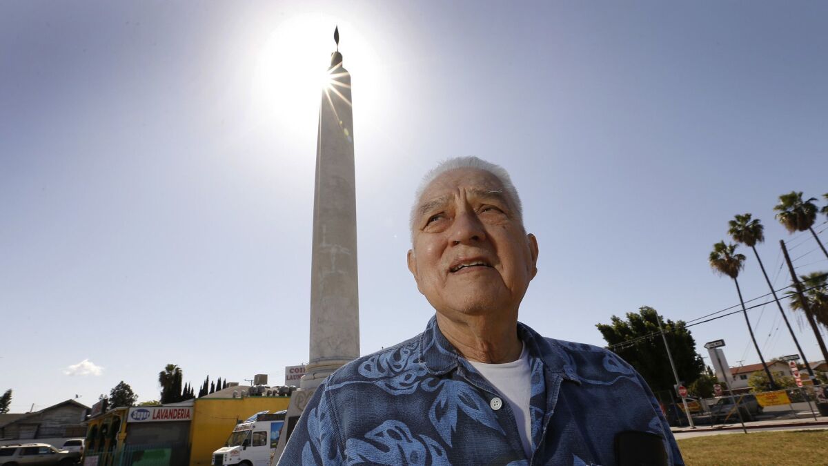 Eddie Morin, 75, at a veterans' memorial square in Boyle Heights. A Vietnam veteran, Morin is at odds with city officials and a group of veterans over the name of the memorial square.
