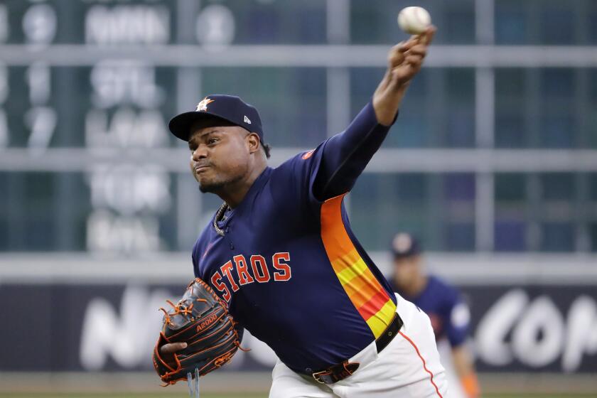 Houston Astros starting pitcher Framber Valdez throws against the Oakland Athletics during the first inning of a baseball game Wednesday, May 15, 2024, in Houston. (AP Photo/Michael Wyke)