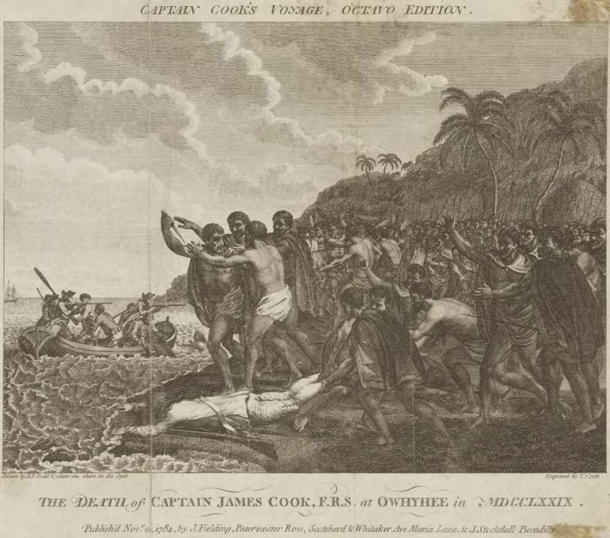 An engraving of the scene of James Cook's killing