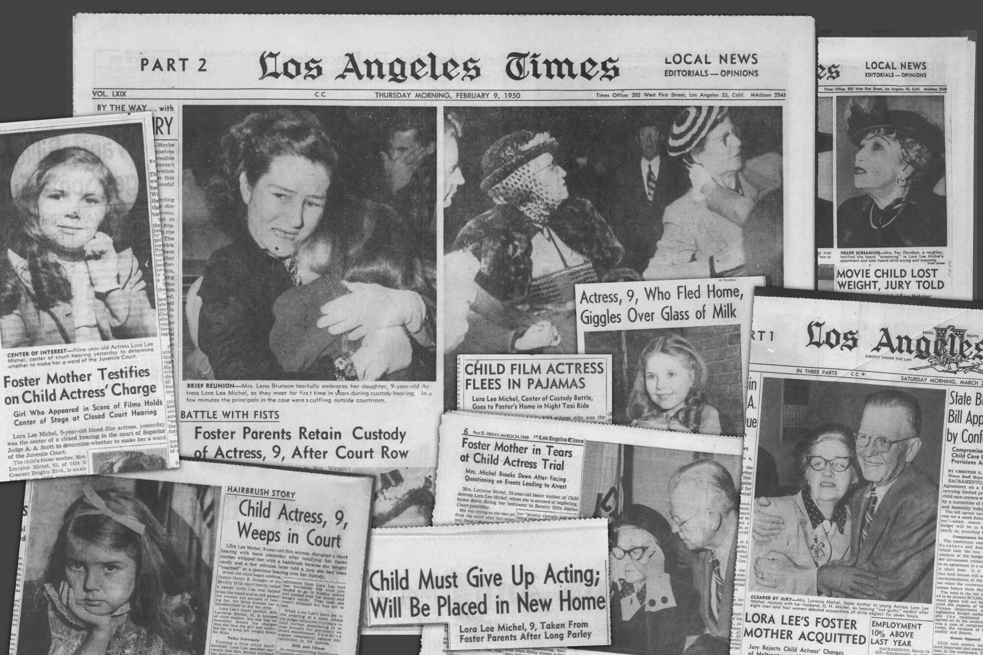 Collage of newspaper clippings featuring Lora Lee Michel.