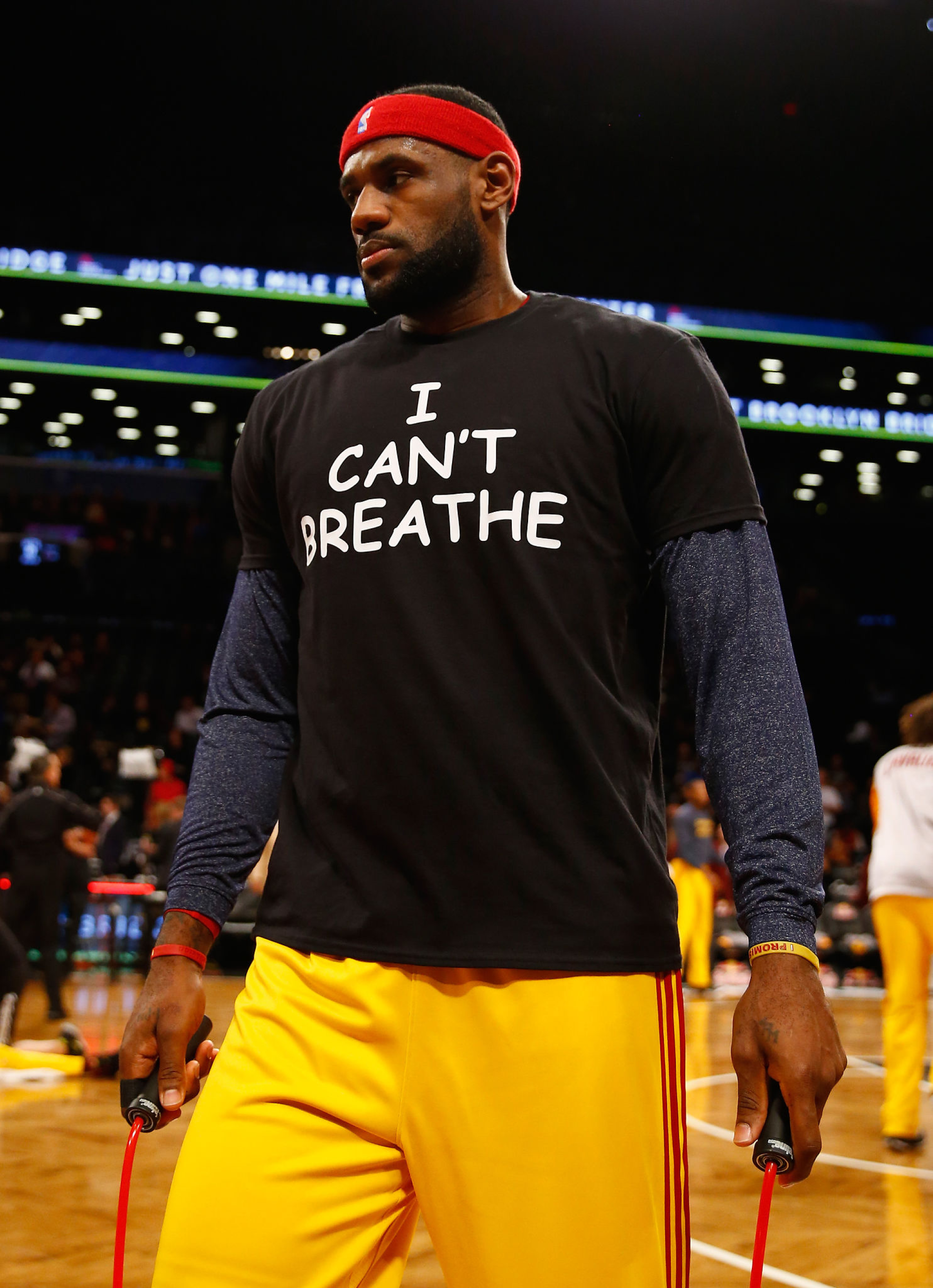 LeBron James, then with the Cleveland Cavaliers, wears an "I Can't Breathe" shirt during warmups 
