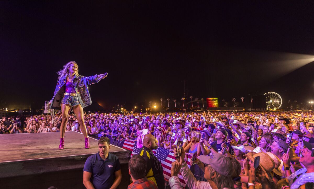 A female singer performs in front of a large outdoor crowd.