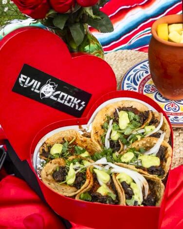 A photograph of the Evil Cooks taco box for Valentines Day.