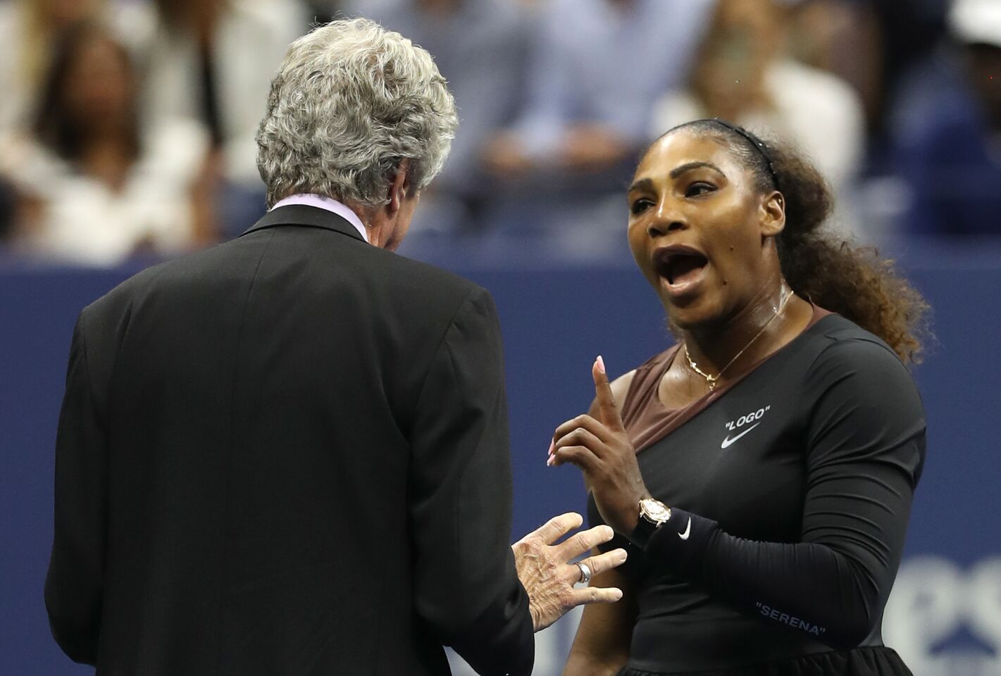 NEW YORK, NY - SEPTEMBER 08: Serena Williams of the United States argues with referee Brian Earley during her Women's Singles finals match against Naomi Osaka of Japan on Day Thirteen of the 2018 US Open at the USTA Billie Jean King National Tennis Center on September 8, 2018 in the Flushing neighborhood of the Queens borough of New York City. (Photo by Matthew Stockman/Getty Images) ** OUTS - ELSENT, FPG, CM - OUTS * NM, PH, VA if sourced by CT, LA or MoD **
