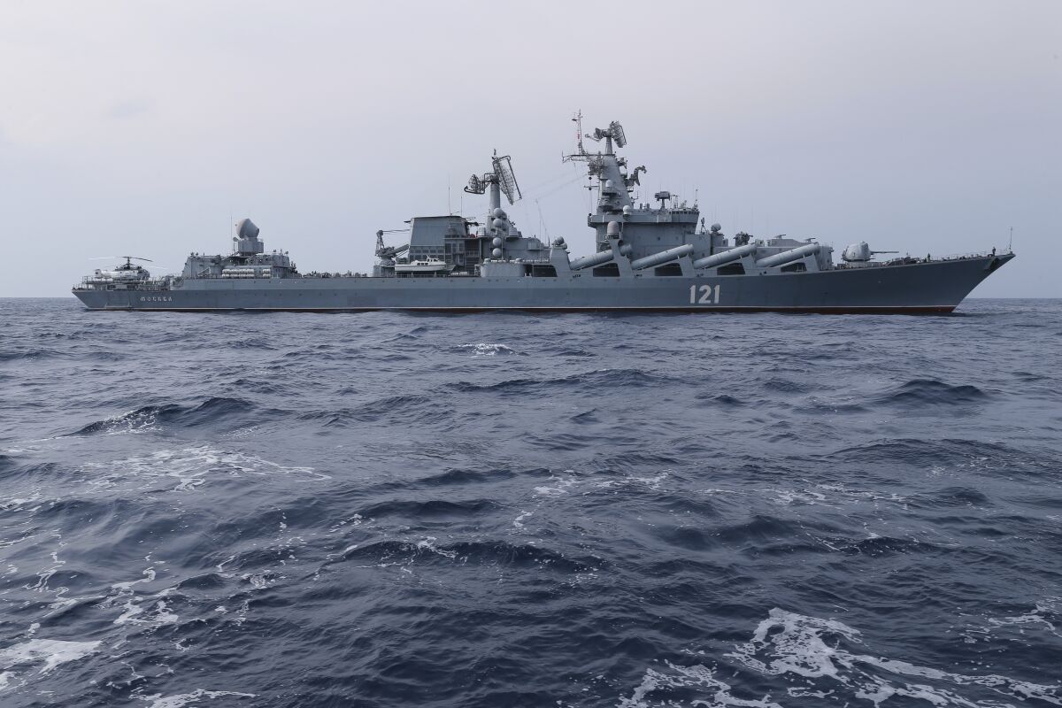 FILE - In this photo provided by the Russian Defense Ministry Press Service, Russian navy missile cruiser Moskva is on patrol in the Mediterranean Sea near the Syrian coast on Dec. 17, 2015. (Russian Defense Ministry Press Service via AP, File)