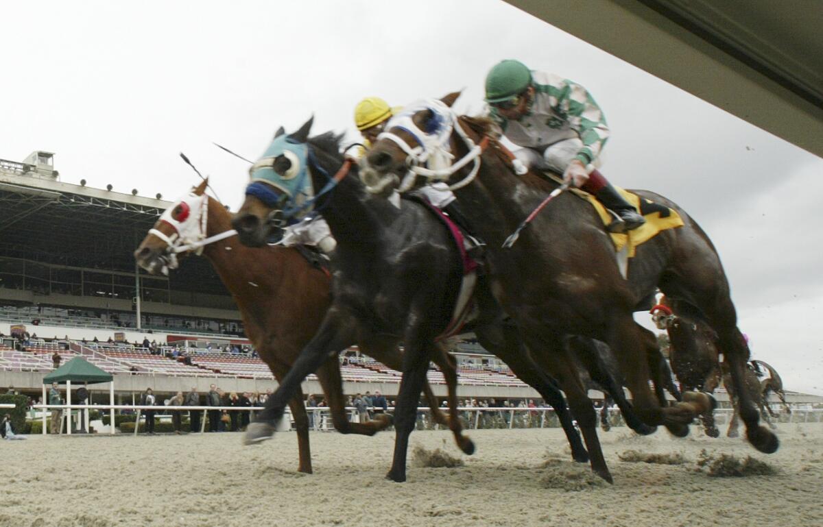 Hall of Fame jockey Russell Baze, right, leads Two Step Cat to the finish line on Feb. 1, 2008, at Golden Gate Fields.