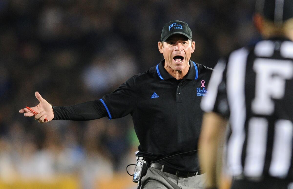 UCLA Coach Jim Mora, arguing with a referee during a win over California on Thursday, was not in a talkative mood on Friday.