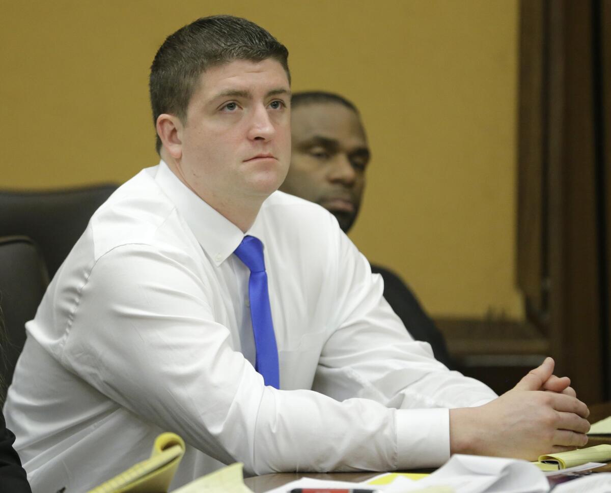 Cleveland police officer Michael Brelo is shown during his trial on voluntary manslaughter charges in April. Four days after being acquitted of the charges, Brelo and his brother got into a violent fight, police say.