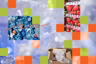 collage of plastic packaging from a shipping box, strawberry containers and crushed plastic bottles