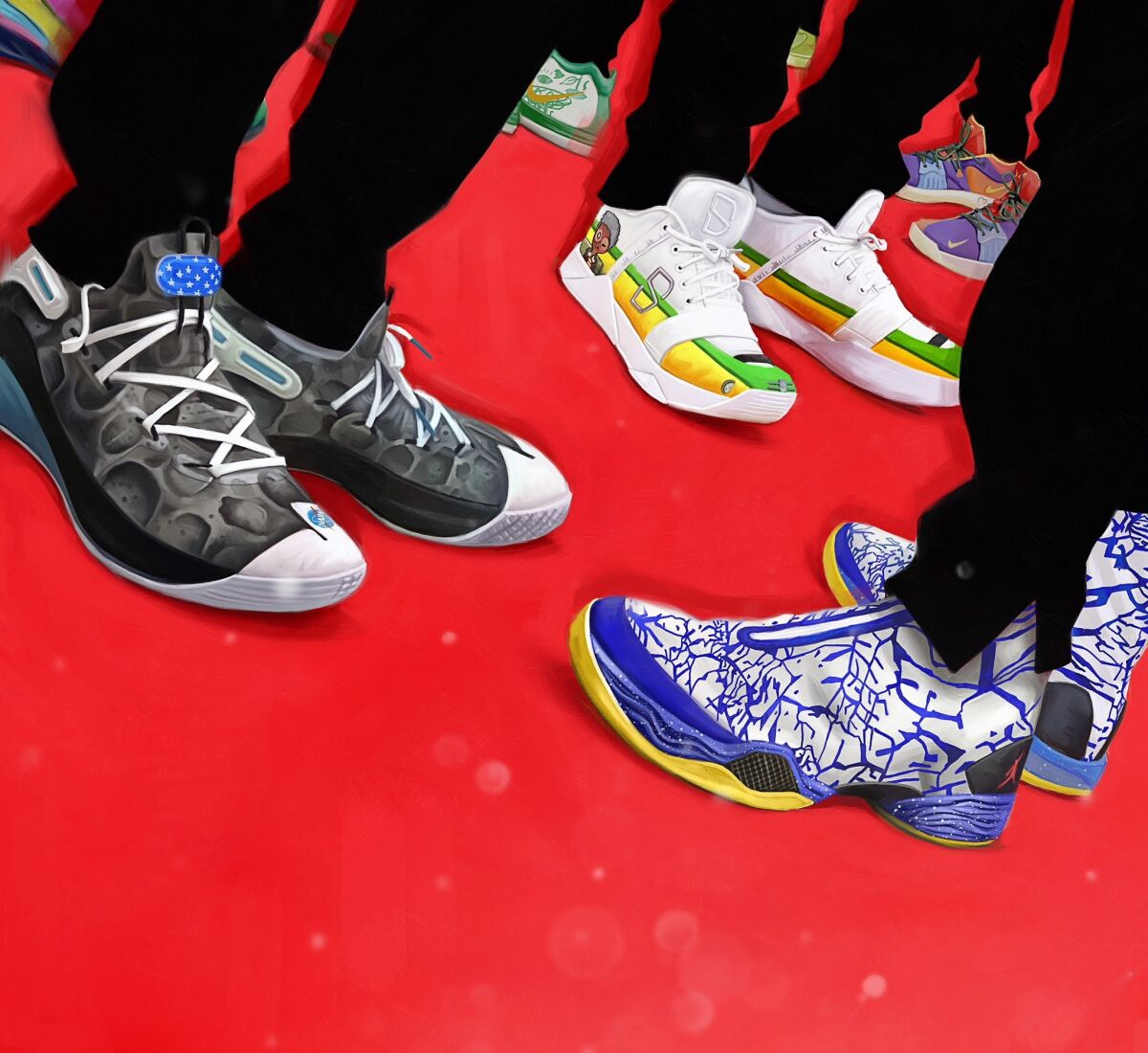 Illustration of sneakers on the red carpet.