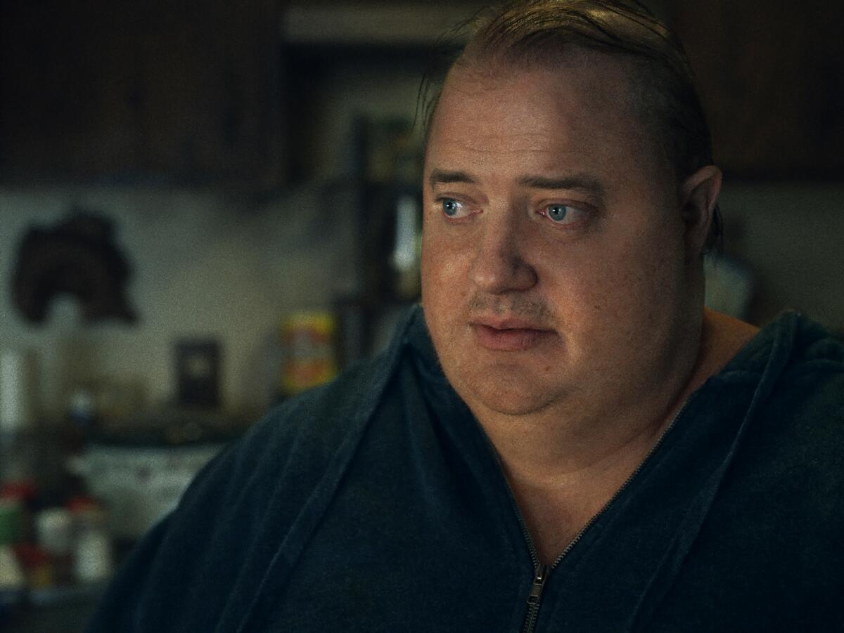 A close-up of Brendan Fraser in a scene from "The Whale."