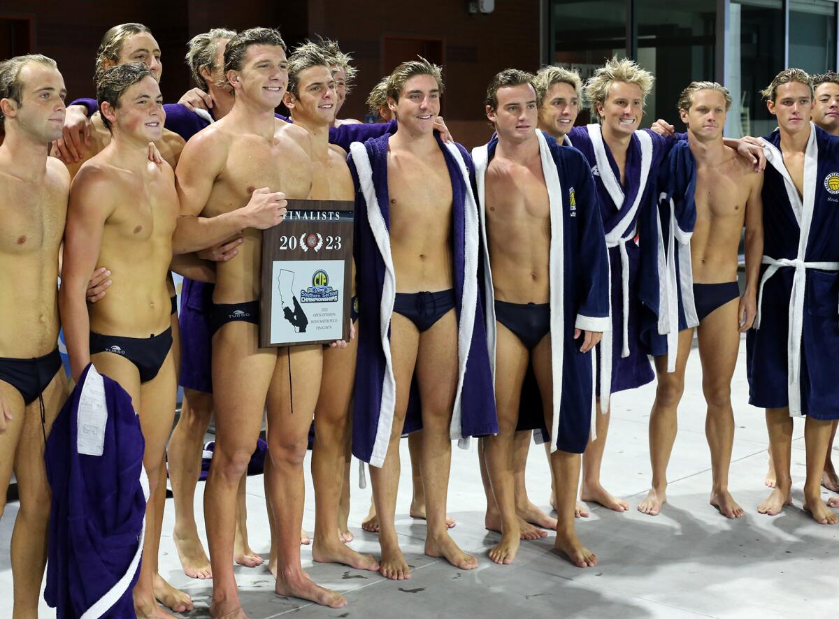The Newport Harbor High boys' water polo team poses following Saturday's CIF Southern Section Open Division title match.