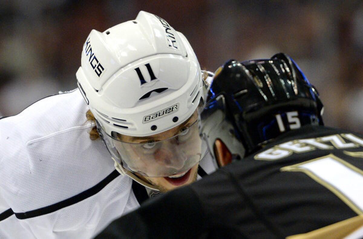 Kings center Anze Kopitar faces off against Ducks center Ryan Getzlaf during a preseason last month.