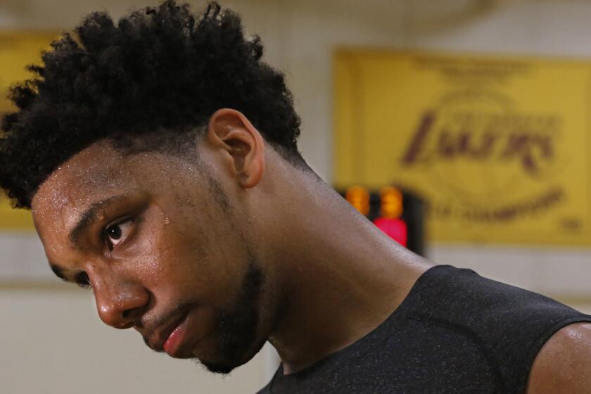 Duke star Jahlil Okafor works out with the Los Angeles Lakers at their practice facility in El Segundo on June 9.