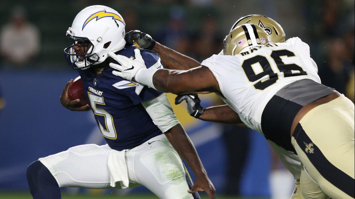 Chargers quarterback Cardale Jones, shown in action against the New Orleans Saints last preseason, is battling for the No. 2 spot behind Philip Rivers.