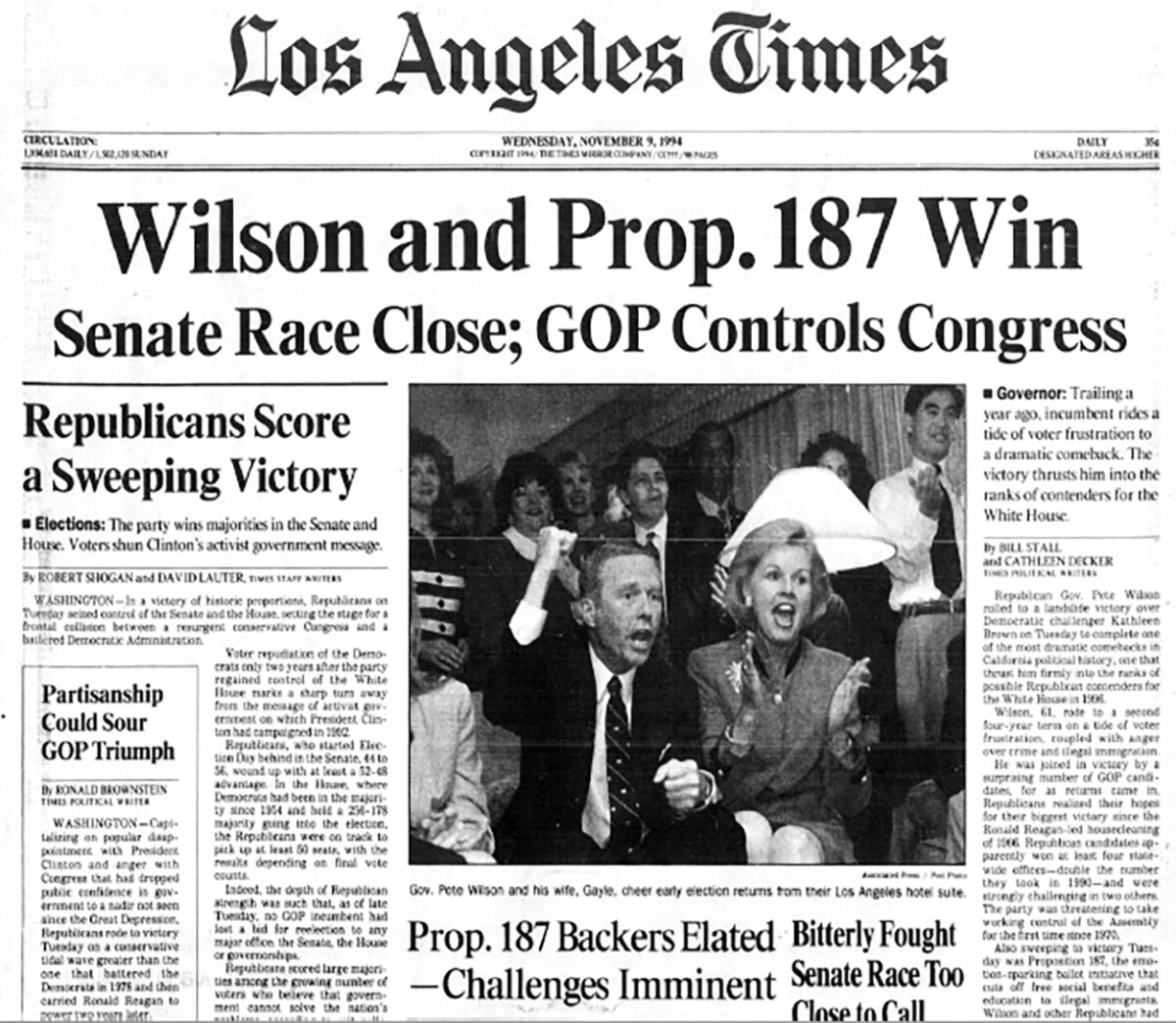Front page of Los Angeles Times with story about Prop. 187's passage