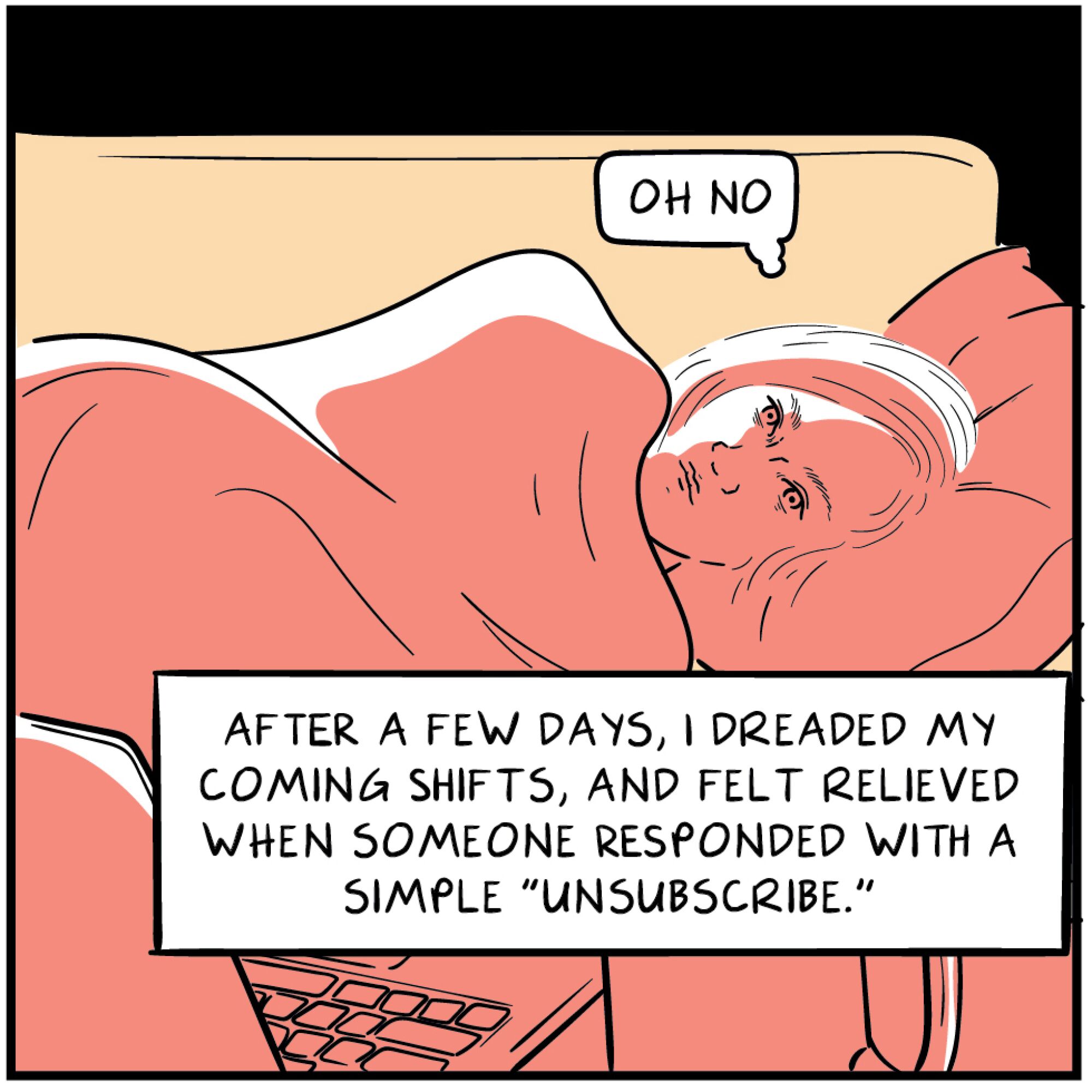 Comic panel of a woman lying on a couch awake with dread