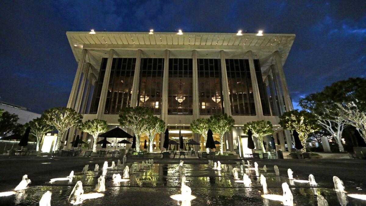 The exterior of the Dorothy Chandler Pavilion at night.