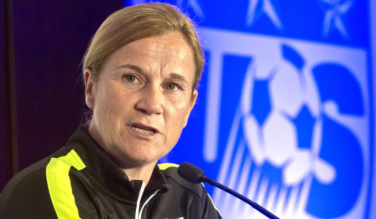 U.S. women's soccer head coach Jill Ellis speaks during the U.S. Women's National Team World Cup media day on May 27 in New York.