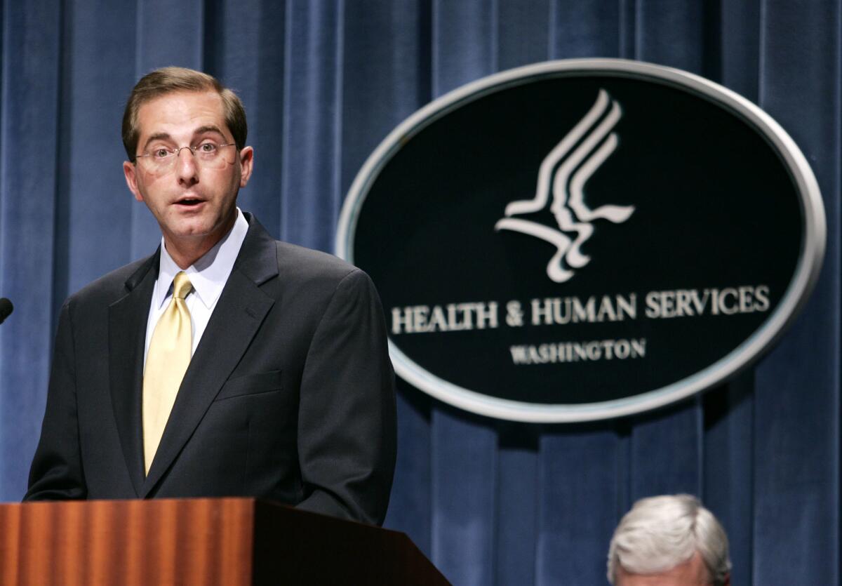 Deputy Health and Human Services Secretary Alex Azar meets reporters at the HHS Department in Washington, Thursday, June 8, 2006 to announce the approval of Gardasil, the first vaccine developed to protect women against cervical cancer. (AP Photo/Evan Vucci)