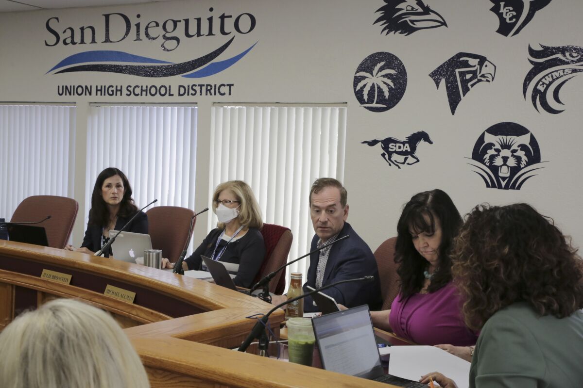 From left, San Dieguito Union High School District Trustees Katrina Young, Julie Bronstien, Michael Allman and Maureen Muir.