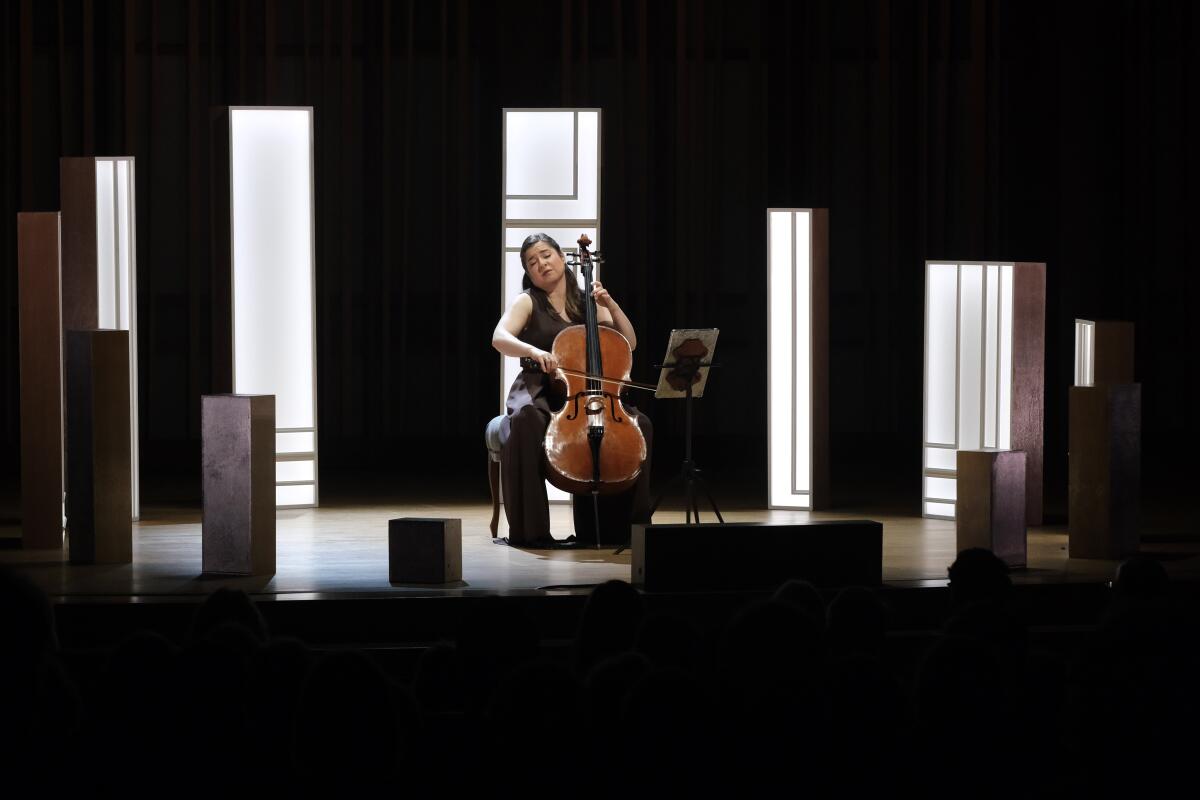 Cellist Alisa Weilerstein performs "Fragments I" at the Baker-Baum Concert Hall.