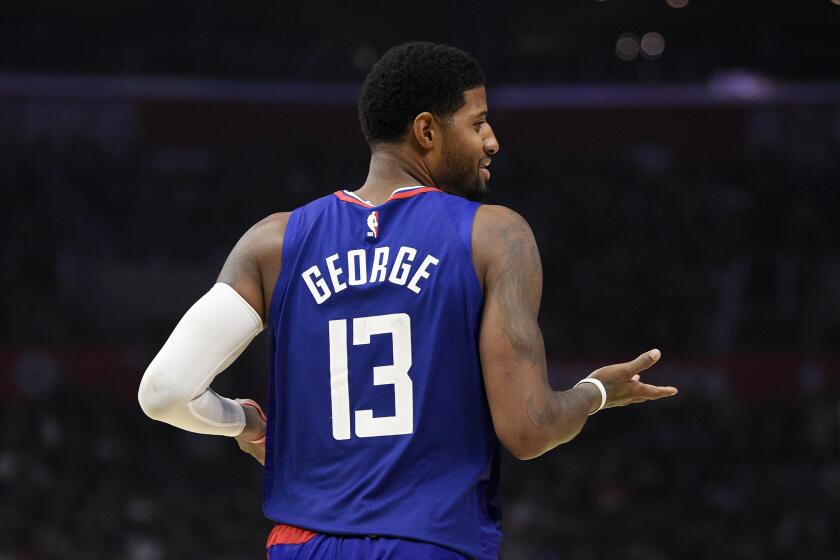 Los Angeles Clippers forward Paul George reacts to the sidelines during the second half of an NBA basketball game against the Atlanta Hawks in Los Angeles, Saturday, Nov. 16, 2019. The Clippers won 150-101. (AP Photo/Kelvin Kuo)