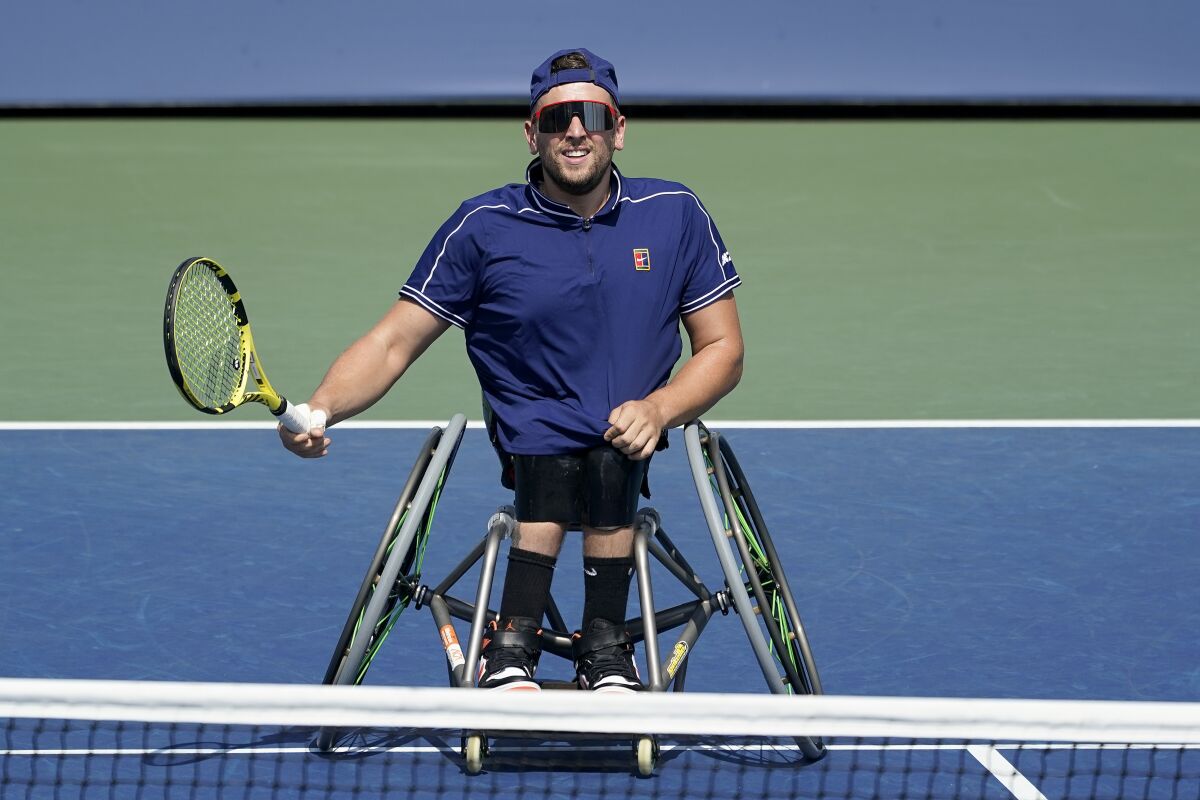 Dylan Alcott practices at the Billie Jean King National Tennis Center during the US Open tennis championships, Wednesday, Sept. 8, 2021, in New York. Alcottcan do something at the U.S. Open that even Novak Djokovic can't. The wheelchair star will try to complete the Golden Slam -- all four major titles plus the Paralympic gold medal in the same year -- when competition begins Thursday. (AP Photo/Elise Amendola)
