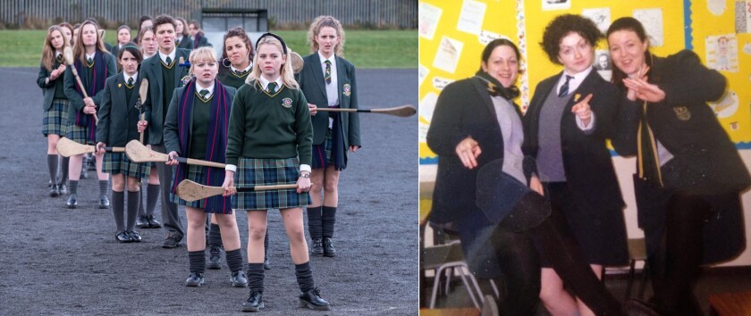 Left: the cast of "Derry Girls"; right: "Derry Girls" creator Lisa McGee with two friends in high school in Northern Ireland
