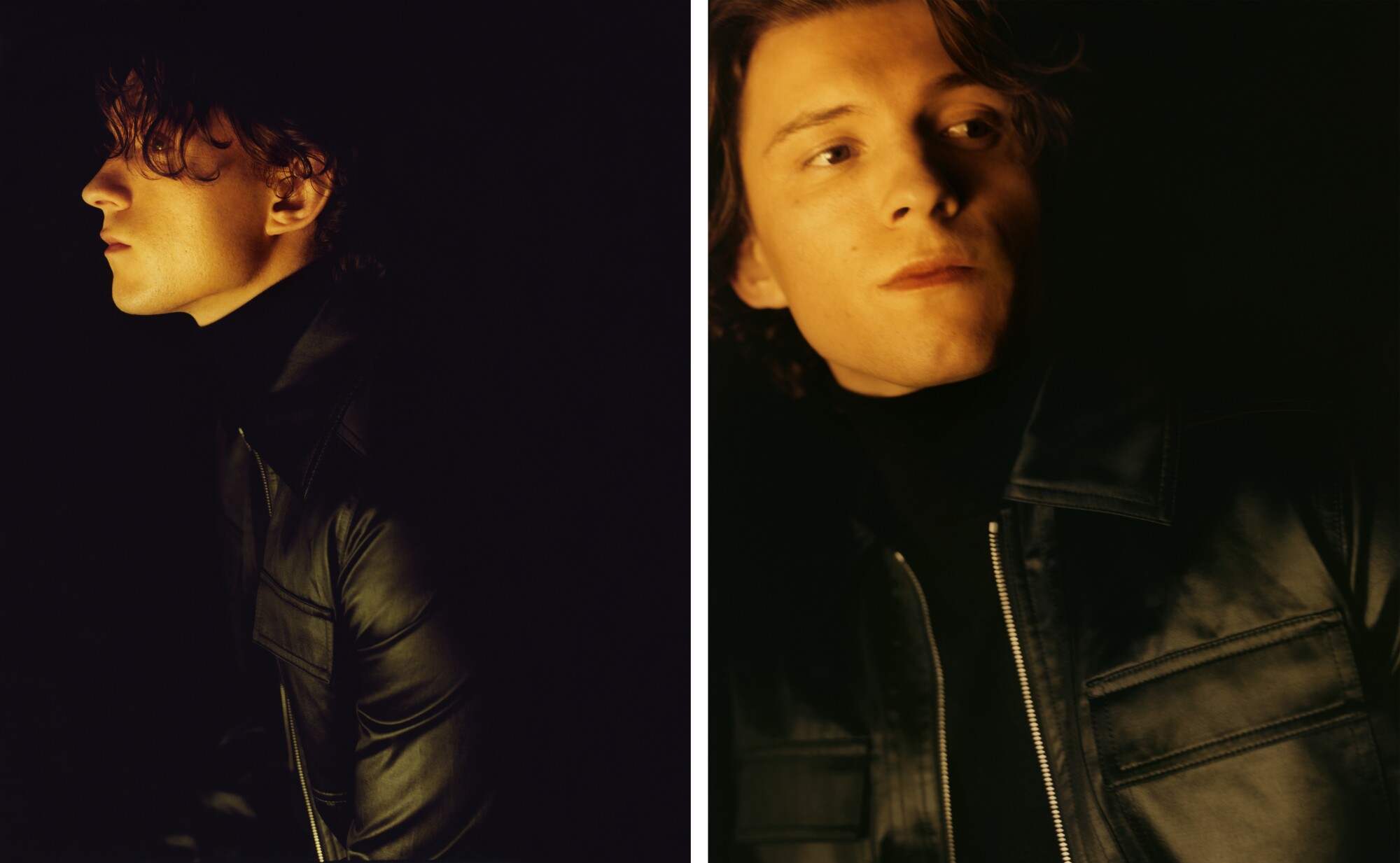 Two side-by-side portraits of Tom Holland in a black leather jacket.