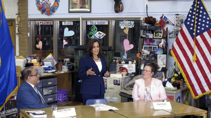 Kamala Harris talks to teachers during an education round-table at Eagle Valley Middle School in Carson City, Nevada on April 2. Harris says that she wants to raise teacher salaries.