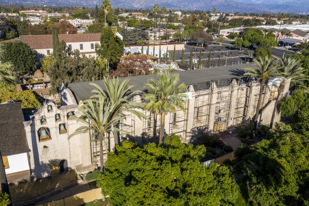 Scaffolding surrounds the San Gabriel Mission.