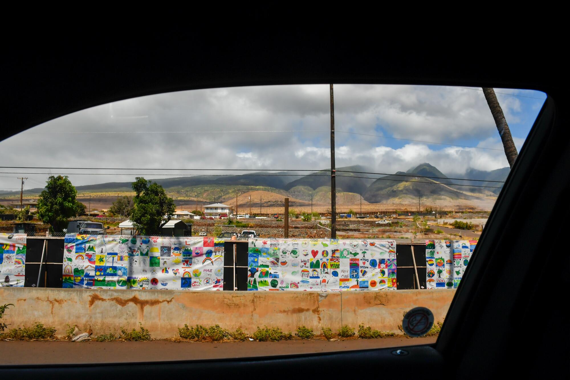 Roadside screens decorated with artwork are viewed out a car window