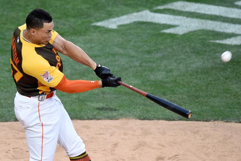 Marlins outfielder Giancarlo Stanton competes during the All-Star home run derby at Petco Park in San Diego.