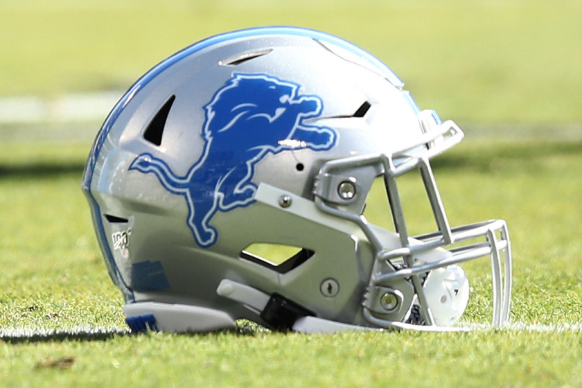 OAKLAND, CALIFORNIA - NOVEMBER 03: A Detroit Lions helmet lies on the field before.