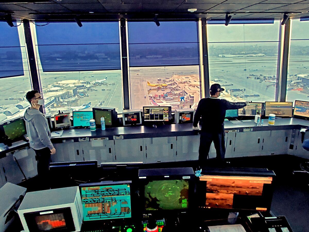 Los Angeles International Airport traffic control tower on Apr. 9, 2020