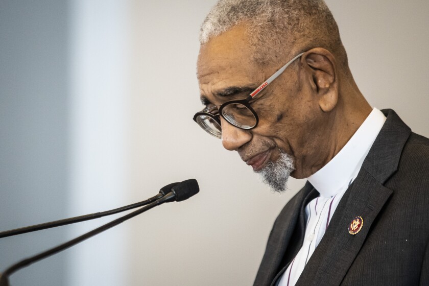 U.S. Rep. Bobby Rush, D-Ill., looks down at his notes as he announces he will not be seeking a 16th term in the U.S. House of Representatives during a news conference at Roberts Temple Church Of God In Christ in Chicago, Ill., Tuesday morning, Jan. 4, 2022. Rush, 75, a former Black Panther and an ex-Chicago alderman and minister, was first elected to Congress in 1992. (Ashlee Rezin/Chicago Sun-Times via AP)