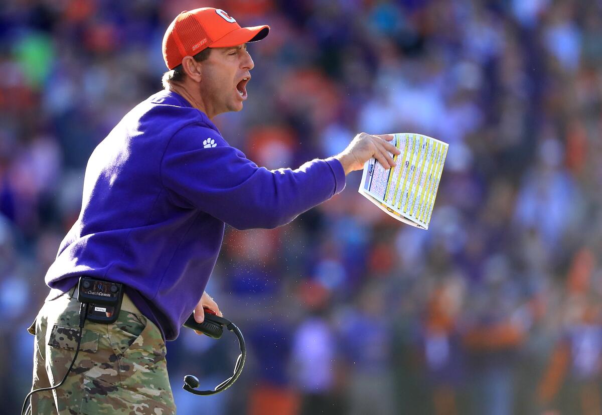 Clemson coach Dabo Swinney reacts against the Wofford Terriers during their game at Memorial Stadium on Nov. 2, 2019 in Clemson, S.C. (Photo by Streeter Lecka/Getty Images)