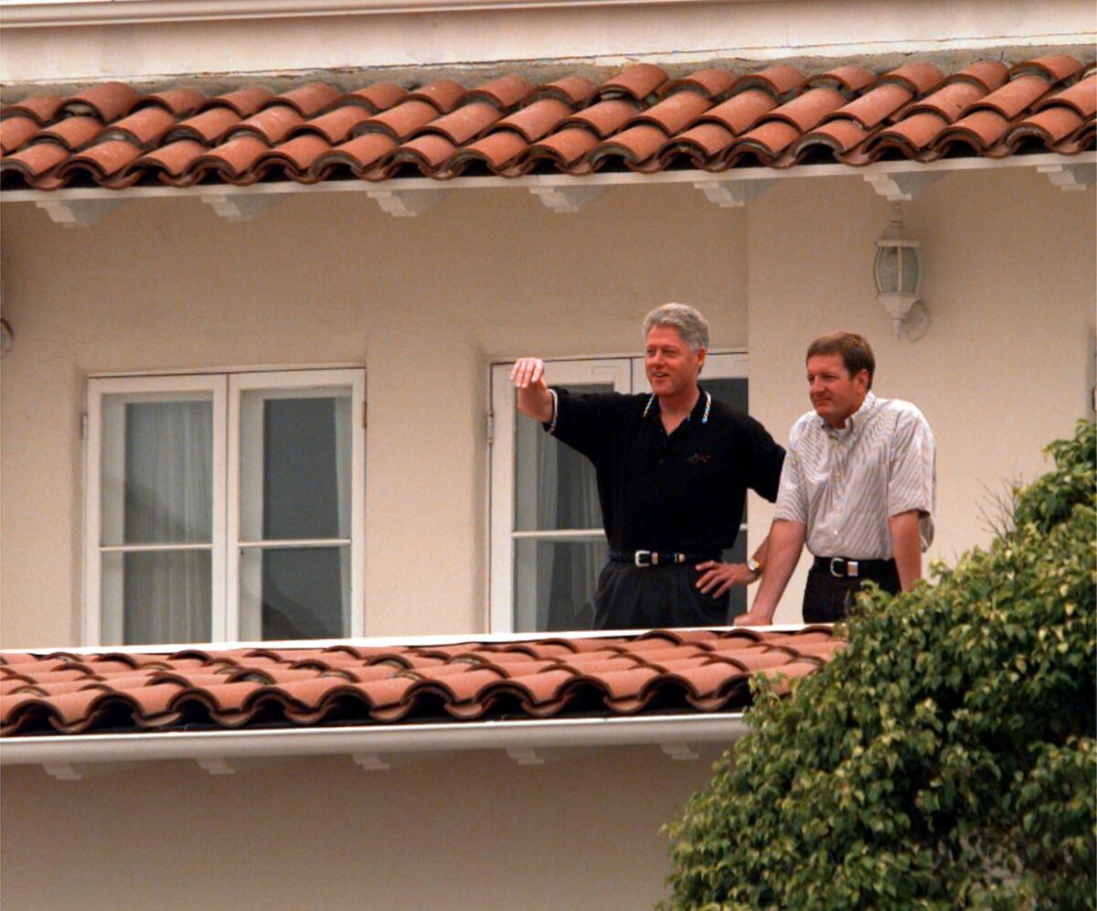 President Clinton visits Ron Burkle at the billionaire's Santa Monica beach house in 1997. Burkle told The Times this week in a rare interview that he's still fond of Bill Clinton, though he's skeptical of Hillary Clinton's candidacy.